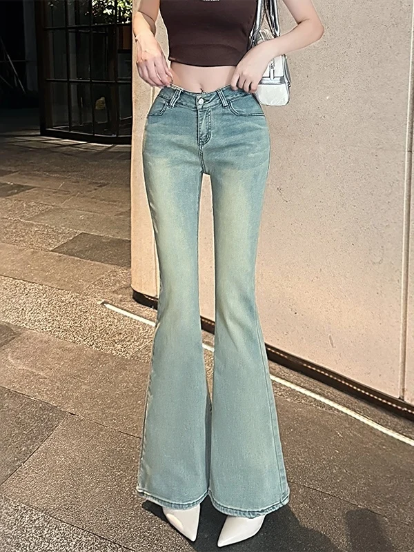 

Spring New Women's Bell Bottom Jeans V Waist Washed Cotton Polyester Blend High Elasticity Sexy Style Chinese Production