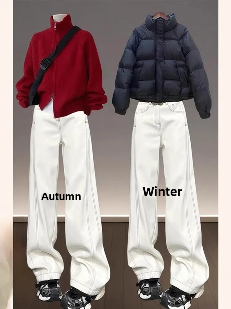 Dżinsy plus size, ciepłe, damskie, z wysokim stanem, proste nogawki, luźne, szerokie spodnie dla figury typu gruszka, plus size, efekt wyszczuplający.