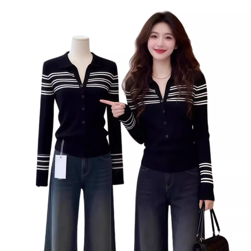Spring 2026 Color Block Stripe Polo Collar Knit Top Women Slim Fit Long Sleeve V Neck Inner Wear T Shirt