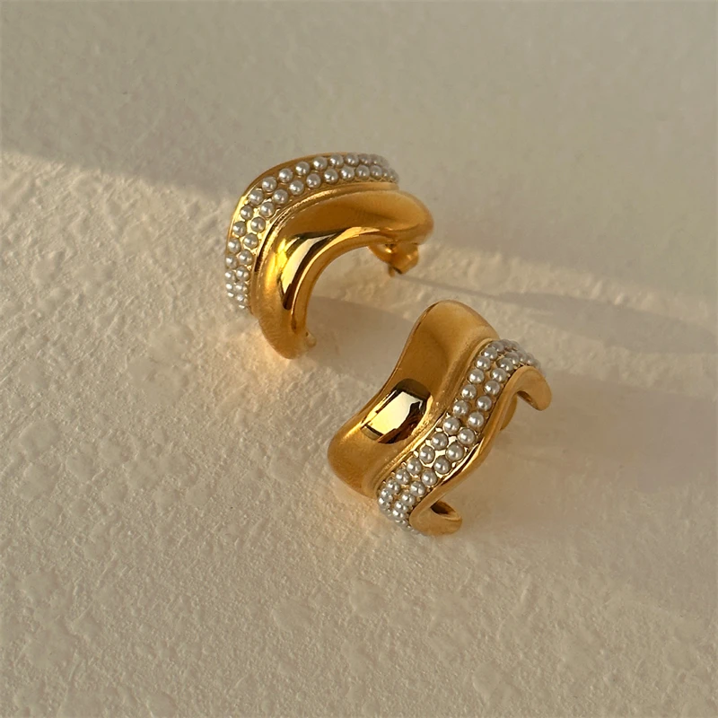 أقراط مرصعة على شكل حرف C للنساء ، فولاذ مقاوم للصدأ 316 لتر ، مجوهرات فريدة ، لؤلؤ مضفر ، منحني ، موضة جديدة ، #5