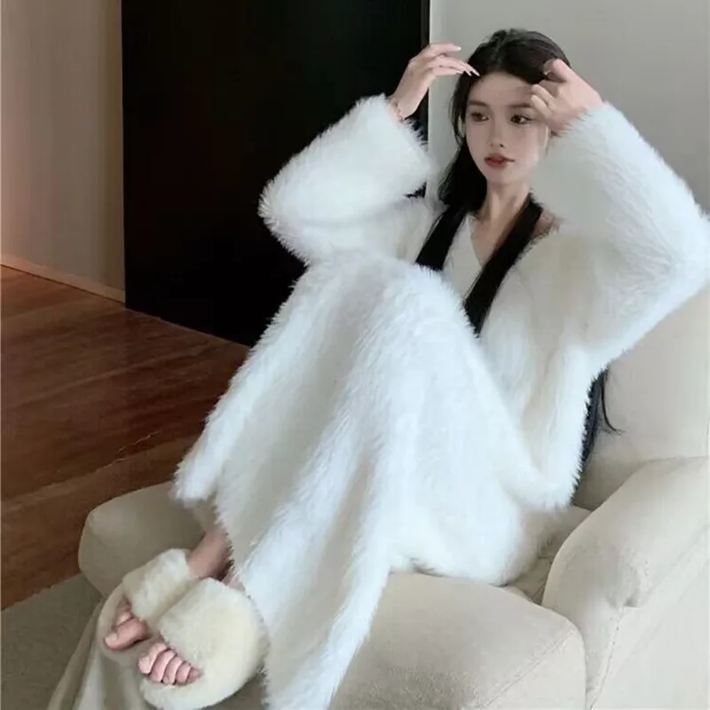 

New Imitation Mink Women Knit Dress 2023 Autumn Winter Thick Warm Sweater Long Sleeve V-Neck Korea Home Outdoor Long Sweat Dress