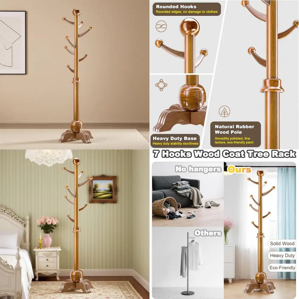 رف شجرة خشبي قائم بذاته بسبعة خطاف مع قاعدة كروية متينة وسعة 210 رطل