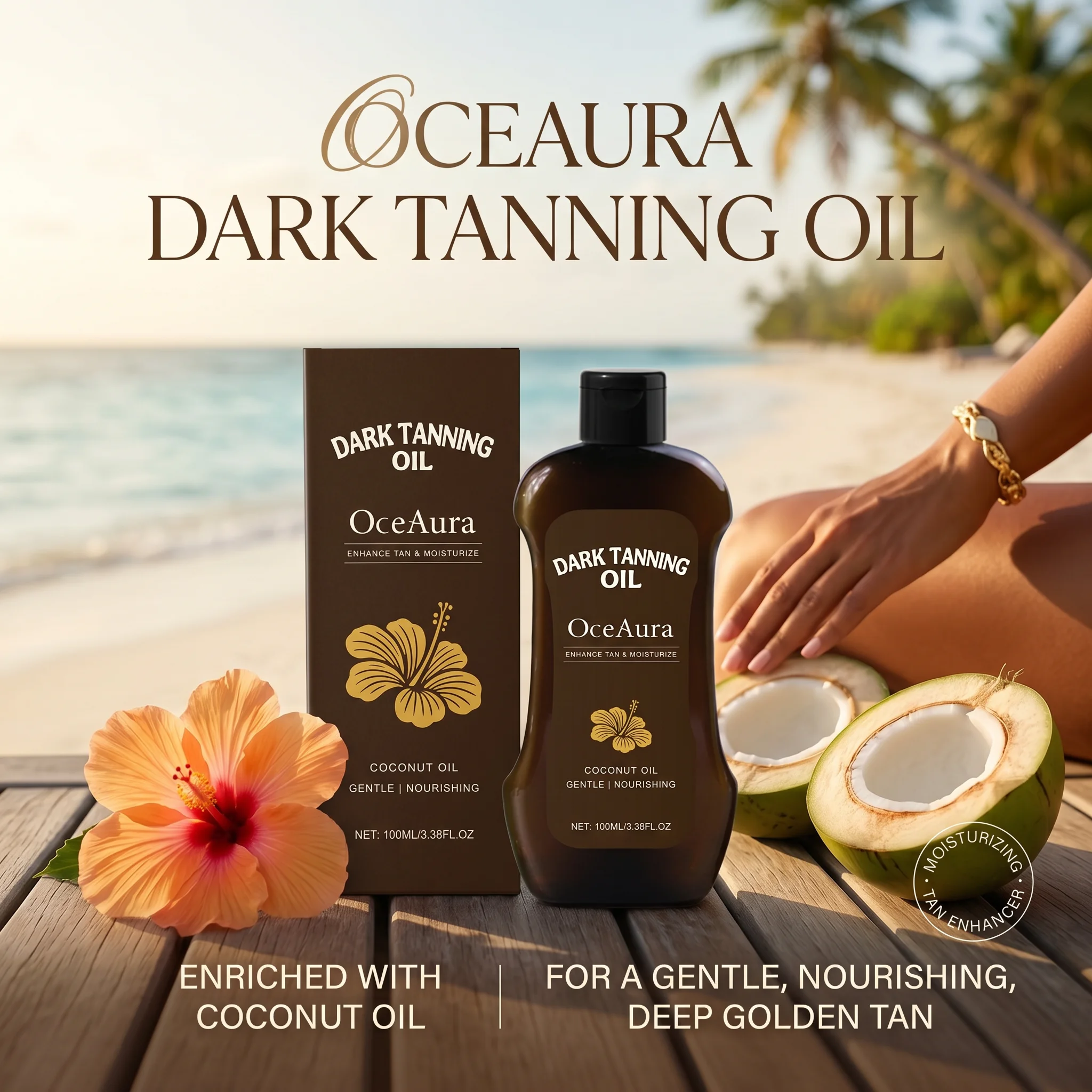 Aceite de Coco para Bronceado Oscuro 100ml, Loción Bronceadora, Bronceado Profundo y Humectante para la Piel, Cuidado de la Piel para Bronceado en la Playa y al Aire Libre