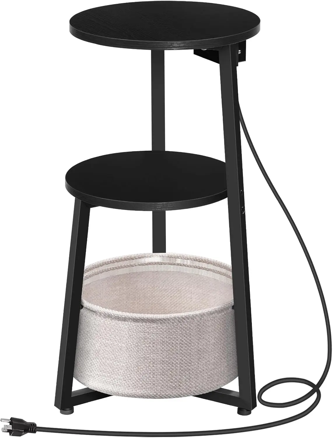 

Small Round Side Table with Charging Station, Round End Table with Cotton Linen Storage Basket, Compact Sofa Side Table Night