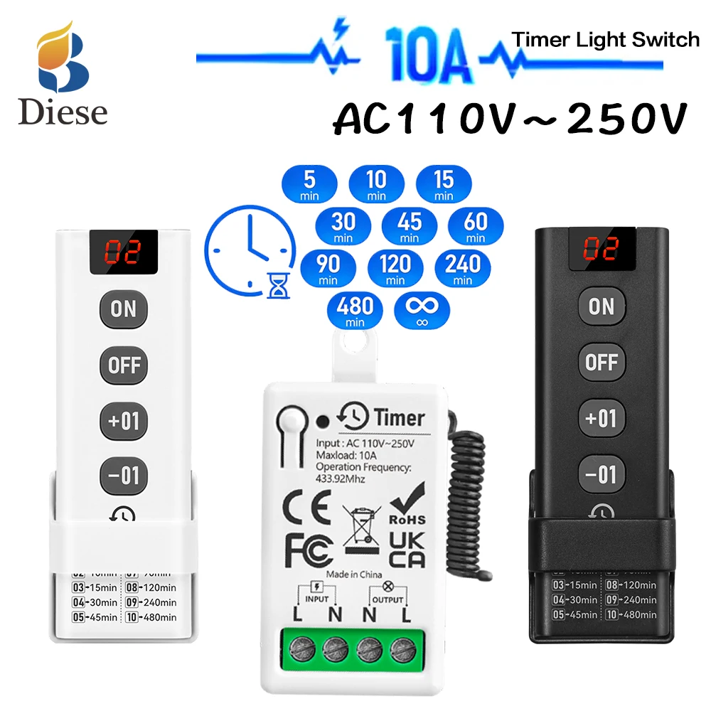 RF433MHz Wireless Remote Control Timer Switch 110V 220V Receiver Transmit 50m with 10 Gears Delay Mode settings for Home LED