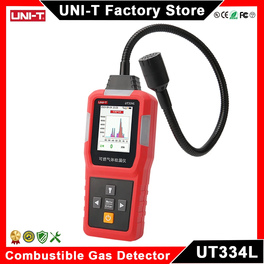 UNI-T UT334L Natural Gas Detector Combustible Gas Leak Sensor Detector Sound Light Vibration Alarm Curve Periodogram Display