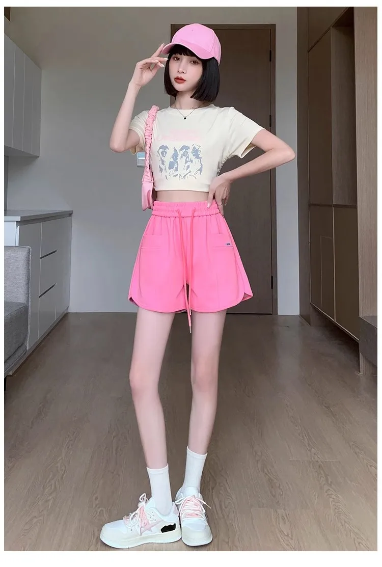 Summer thin loose wide leg A-line high waist slimming casual pink sporty shorts for women