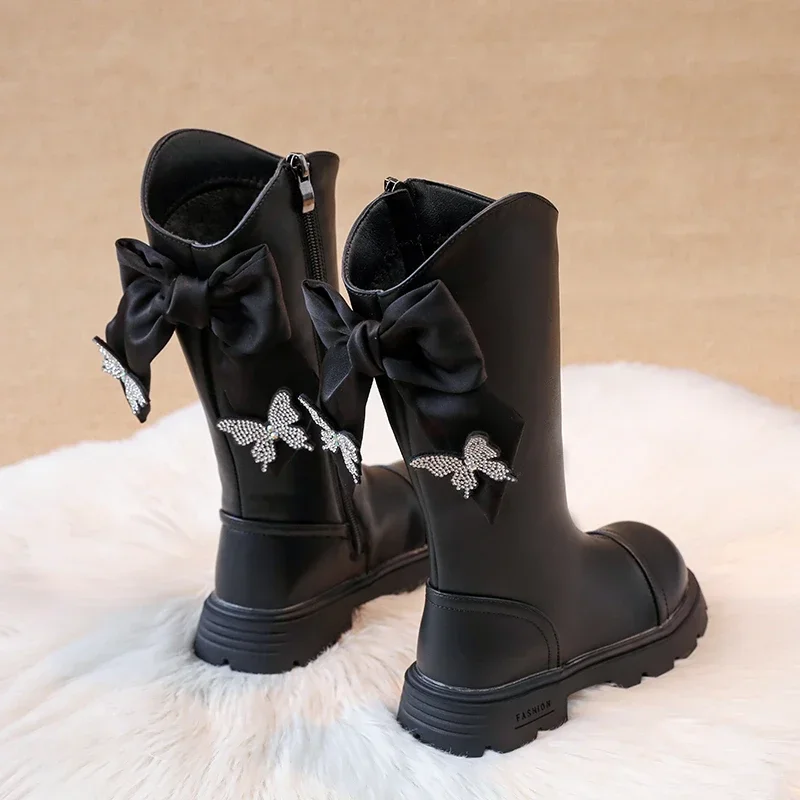 Little Girls Winter Knee High Boots, Fleece Lined Rhinestone Butterfly Bow Side Zipper Non Slip Thick Sole Boots for Party Daily