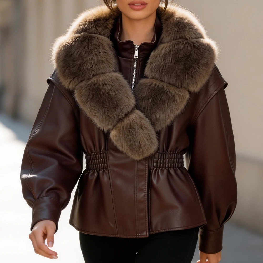 OFTBUY Neue Damen-Kunstlederjacke mit Übergroßem Kunstfuchsfell, Elastischem Bund und Puffärmeln - Luxuriöse Warme Winteroberbekleidung – Detail 9