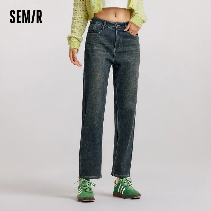 

Semir Jeans Women Fleece Distressed Long Pants Retro 2024 New Winter Slimming Straight Leg Pants