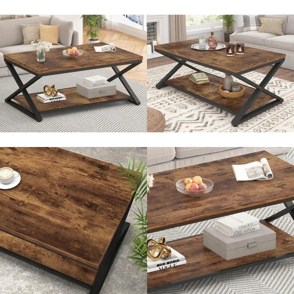 Rustic Farmhouse Brown Wood Coffee Table with Storage, Modern 2-Tier Living Room Center Table