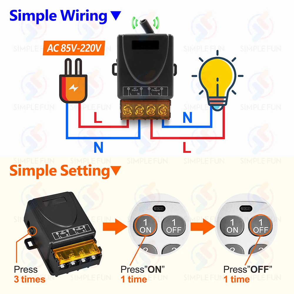 433Mhz Wireless Remote Control Light Switch 110V 220V,500 meters Control Range,30A High Power Relay Module,for Pump Lamp Fan DIY