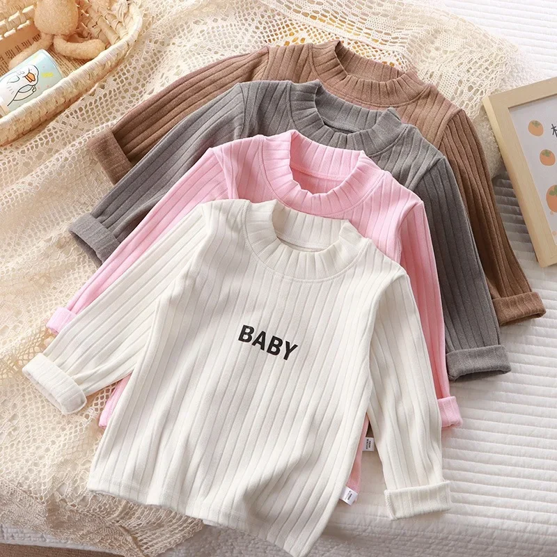 

Spring and Autumn Bottom Shirt Baby Fashionable Children's Personality Trendy Half High Neck Pit Stripe Letter T-shirt Top