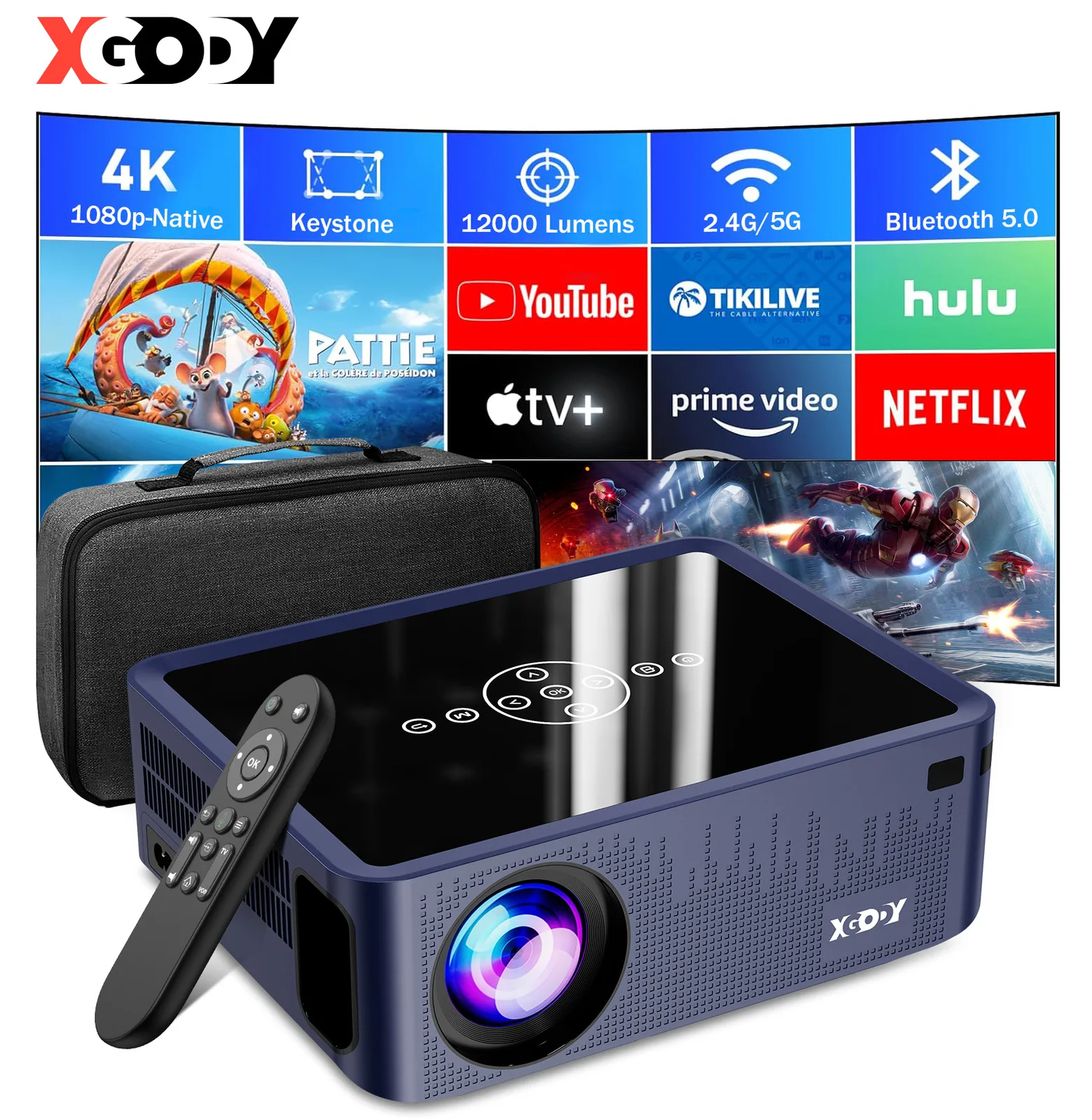 XGODY 4K UHD Projector 5G WiFi Bluetooth 12000LM Android Smart Beamer Home Theater Movie