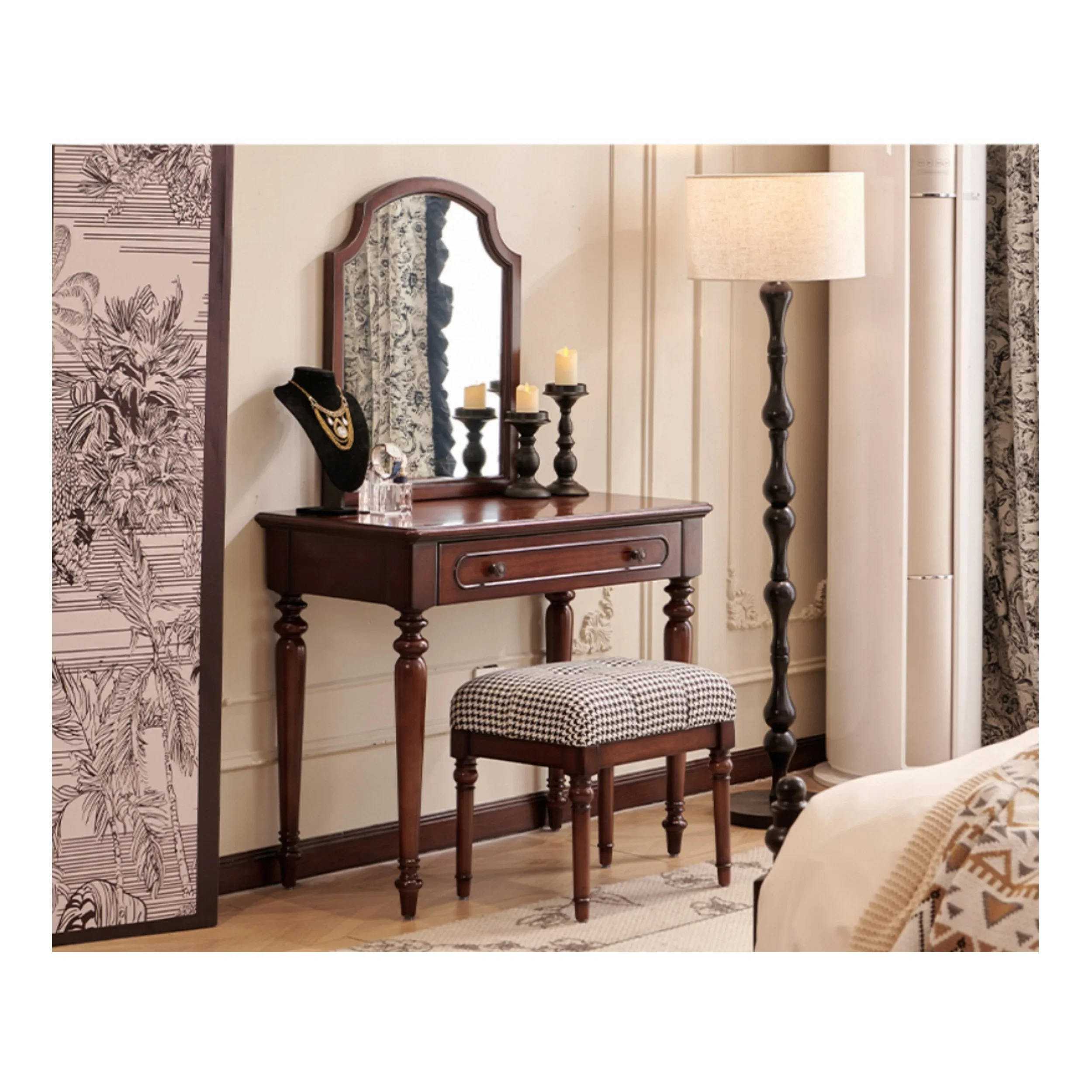 Luxury retro solid wood vanity, bedroom and bathroom with vertical illuminated mirror