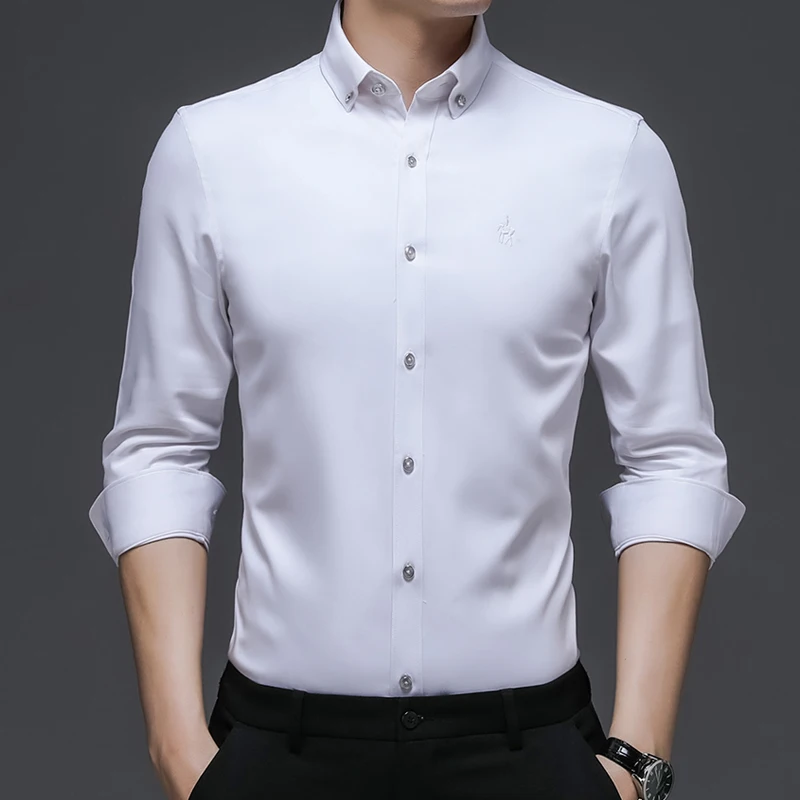 Camisa de manga longa de fibra de bambu masculina, elástica, antirrugas, lindamente bordada, empresarial, casual, elegante