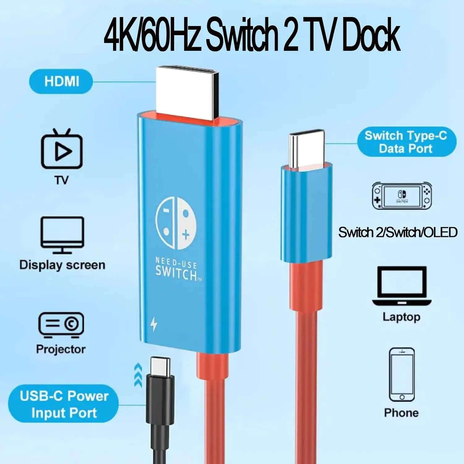 Kabel HDMI do Nintendo Switch 2 4K@60Hz PD 100W Przenośny Przewód Podłączeniowy do Telewizora dla Switch OLED — zdjęcie produktu 3