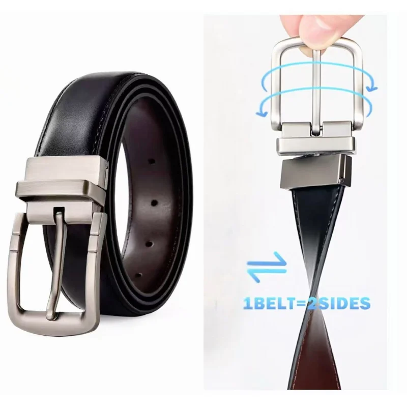 Men's Reversible Belt - Suitable for Casual and Golf, Square Buckle, Adjustable Waist Size 30