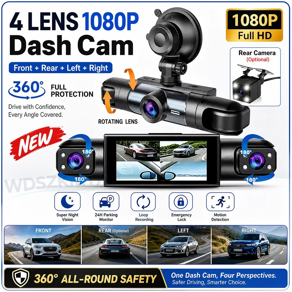 HD 1080P 3/4 Channel Car Dashcam Black Box Driving Recorder Night Vision Loop Recording G-Sensor Lock 24H Parking Protection