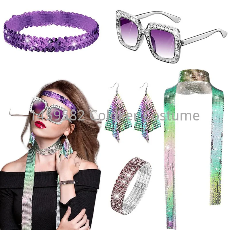 5 Pieces 1970s Disco Costume Set Disco Accessories Bling Sunglasses Long Scarf and Earrings 70s Jewellery Sets Cosplay Outfits