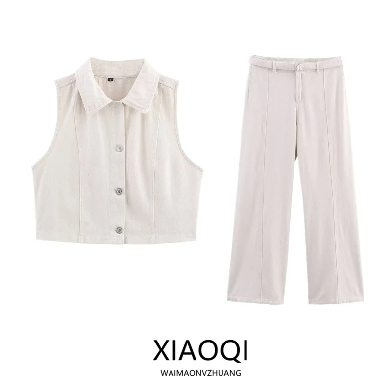 

Лето 202, новый женский джинсовый жилет с воротником Faion ort и длинные брюки, комплект из двух предметов, на пуговицах, наряд