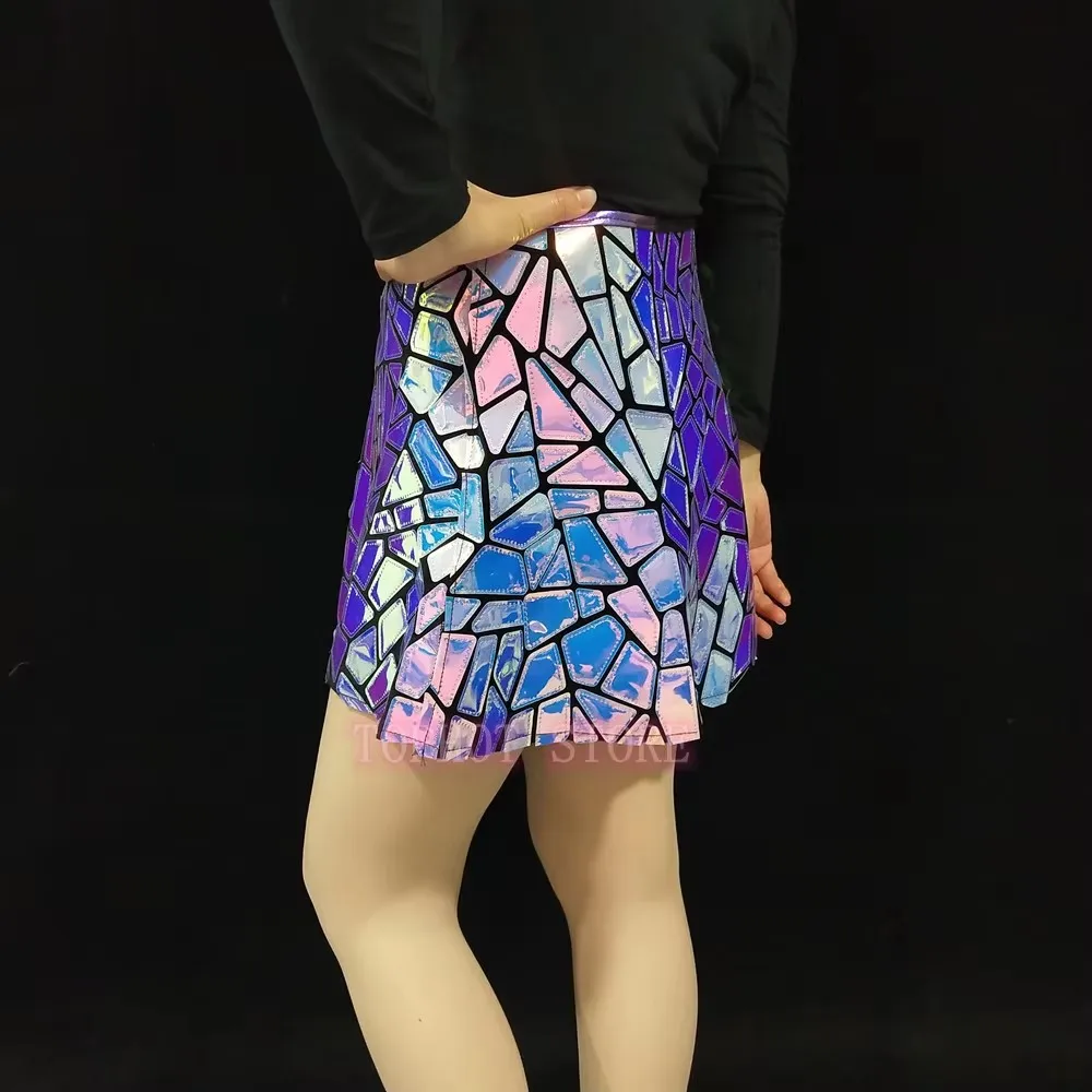 섹시한 짧은 치마 스팽글 퍼플 블루 레이저 미러 댄스 의상 나이트클럽 클럽 파티 드레스 무대 의상 가수 공연 의상