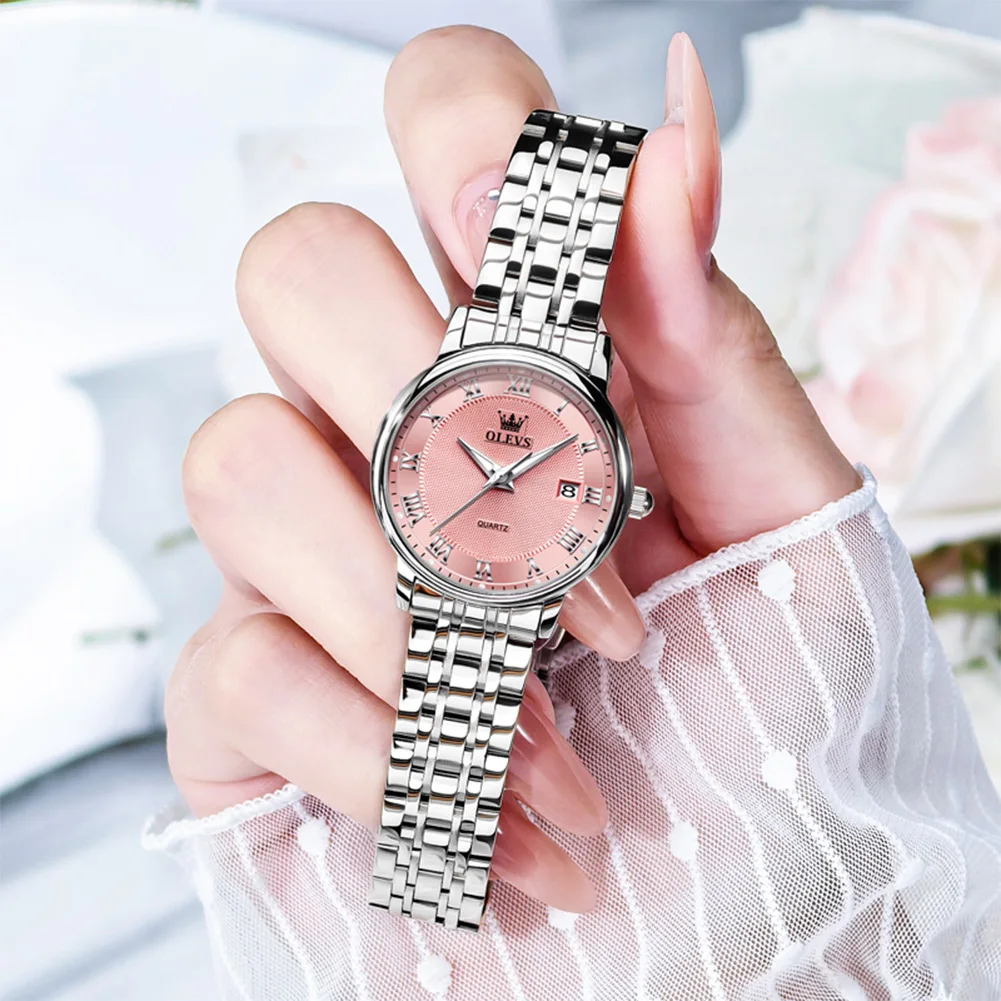 

OLEVS 2026 Роскошные розовые женские модные часы Качество Кварцевые часы Женские наручные часы из нержавеющей стали Элегантные Montre Femme