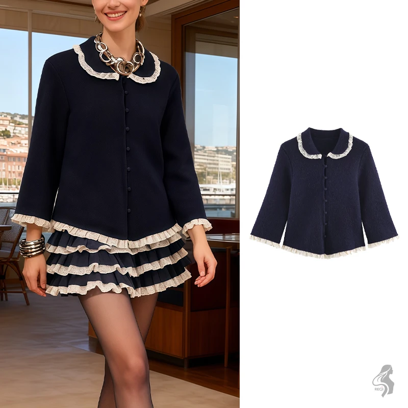 

Autumn Small Round Collar Knit Cardigan Lace Collar Long Sleeve Top Versatile And Stylish Top For Commuting And Daily Wear