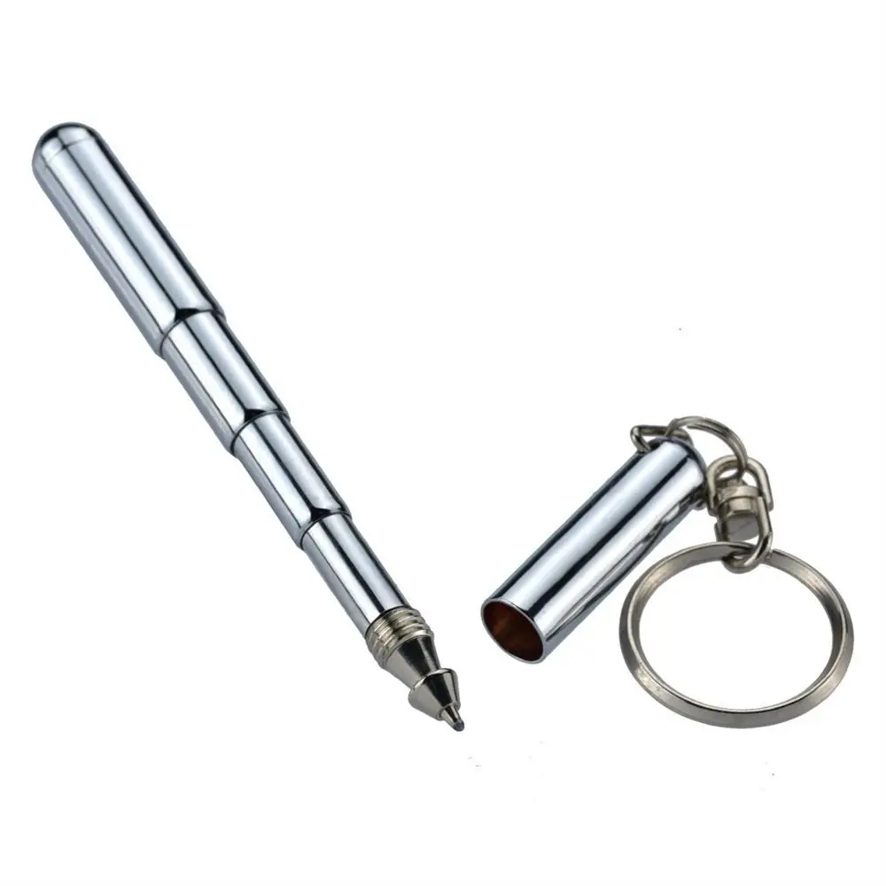 Metal Telescoping Tool Pen Multifunctional 6.3cm Key Ring Ballpoint Pens Stainless Steel Handwriting Pen Shape Keychain Camping