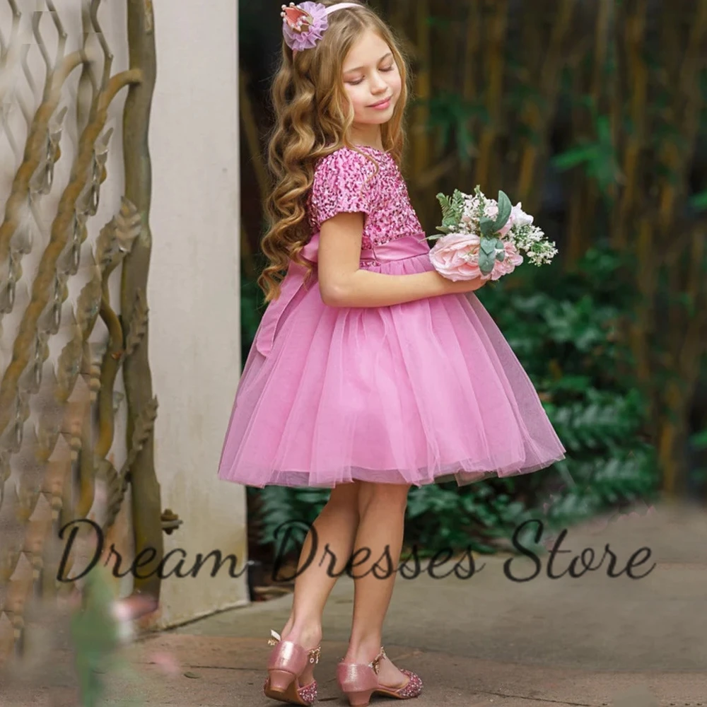 Pink Sequin Flower Girls Dresses Short Sleeve with Bow Belt O-Neck Baby Birthday Party A-Line Tulle Gowns for Wedding Christmas