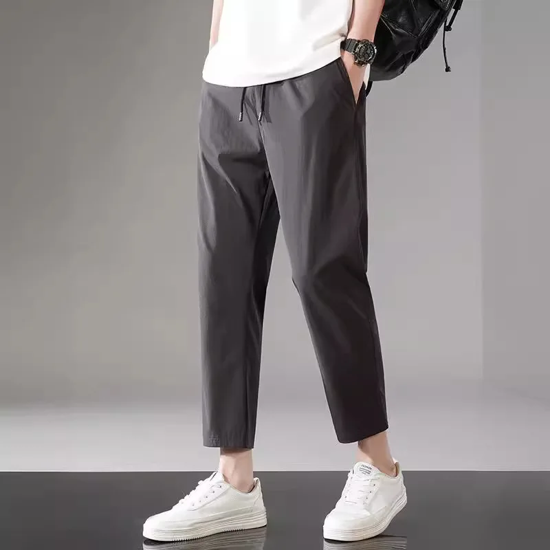 

Summer Men's Casual Ice Silk Cargo Pants Sports Ankle Feel Straight Stretch Drawstring Nine Point Pants