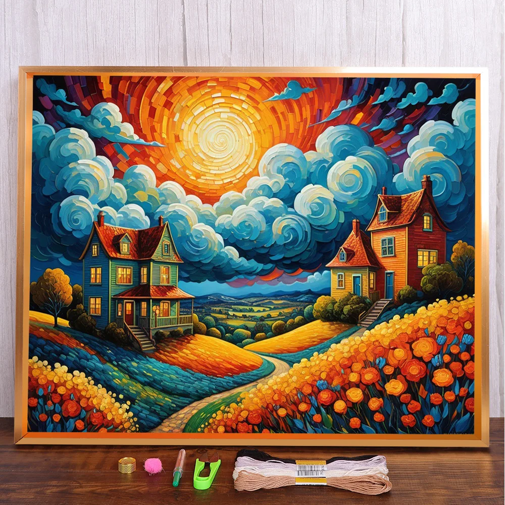 

Sunset Landscape Cross Stitch Complete Kit Embroidery Needlework Knitting Painting Handmade Room Decor Different Stamped