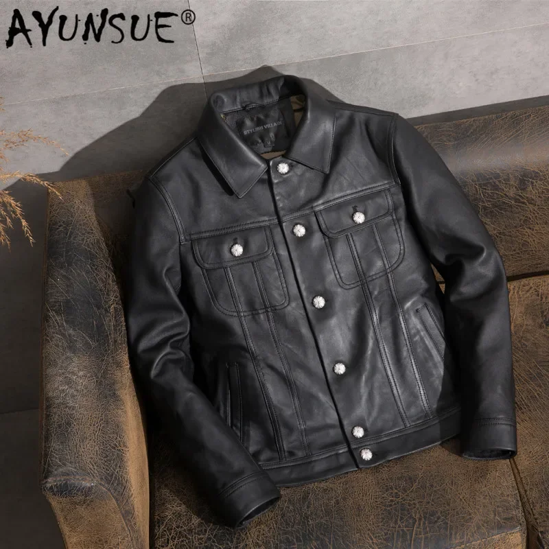 

AYUNSUE Casual Men's Leather Jacket Sheepskin Coat Genuine Leather Jacket Men Vintage Motorcycle Veste Cuir Homme 1905 KJ2450