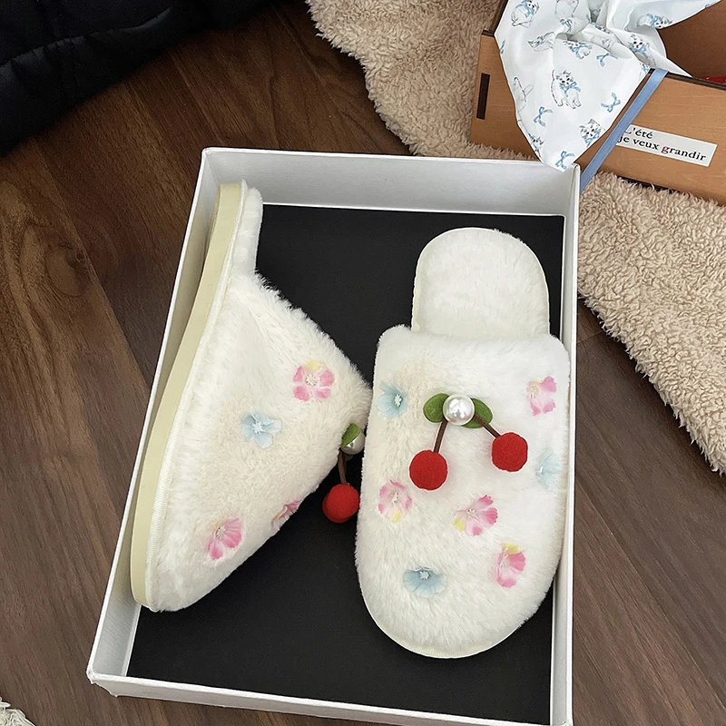 2024 Winter Women Cherry Slippers House Casual Women Fluffy Slides Shoes Autumn Warm Plush Slipper Bedroom Ladies Cotton Shoes