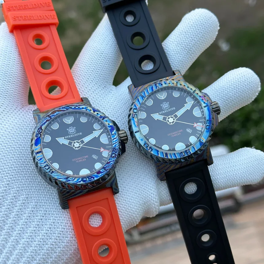 STEELDIVE Men Automatic Watch 46.5mm Mechanical Wristwatch Titanium Damascus Case Diver 1000ATM BGW-9 Luminous Sapphire NH35