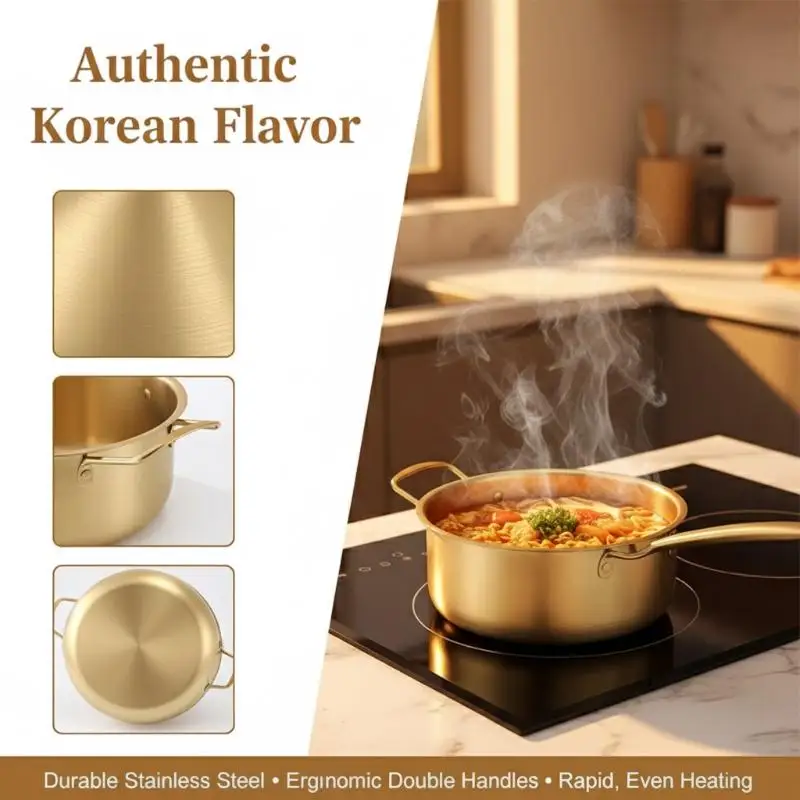 Stainless Steel Ramen Pot 18cm with Lid Korean Style Multi Use Soup Pan for Picnic and Outdoor Cooking