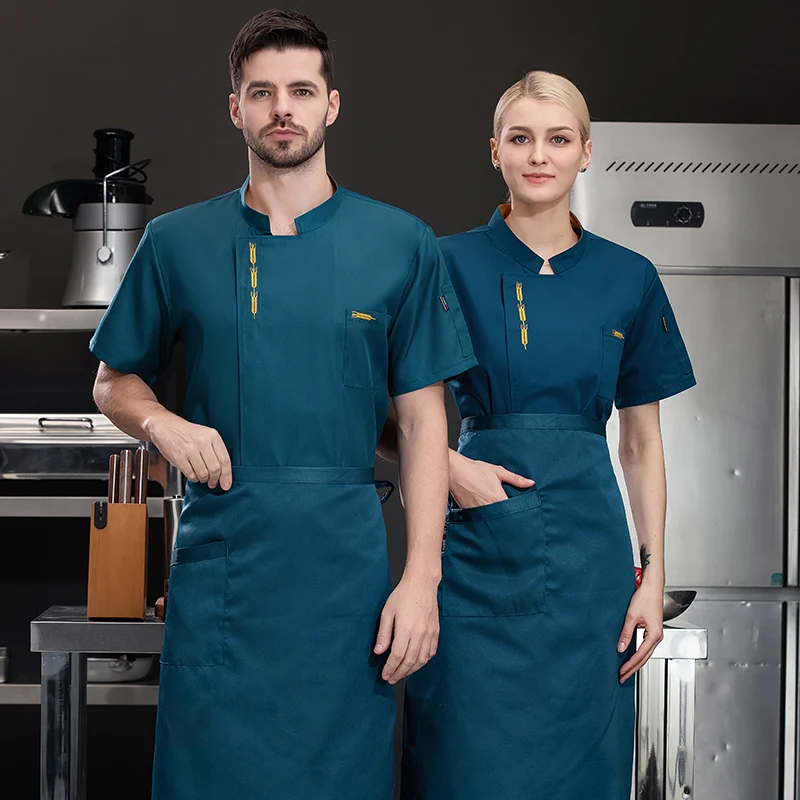 Tablier d'uniforme de chef à manches courtes pour hommes, veste d'objectifs de chef d'été, manteau de chef respirant, vêtements de travail de cuisine de restaurant, logo noir