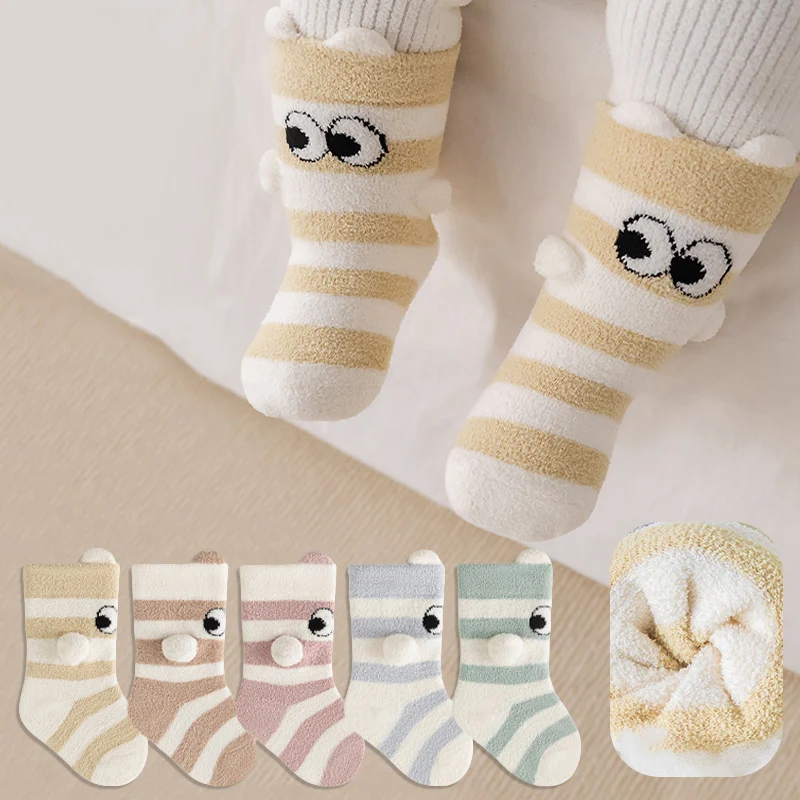 Winter Thick Newborn Socks Striped Cute Cartoon Infant Socks Soft Coral Fleece Toddler Floor Socks for Baby Boys And Girls