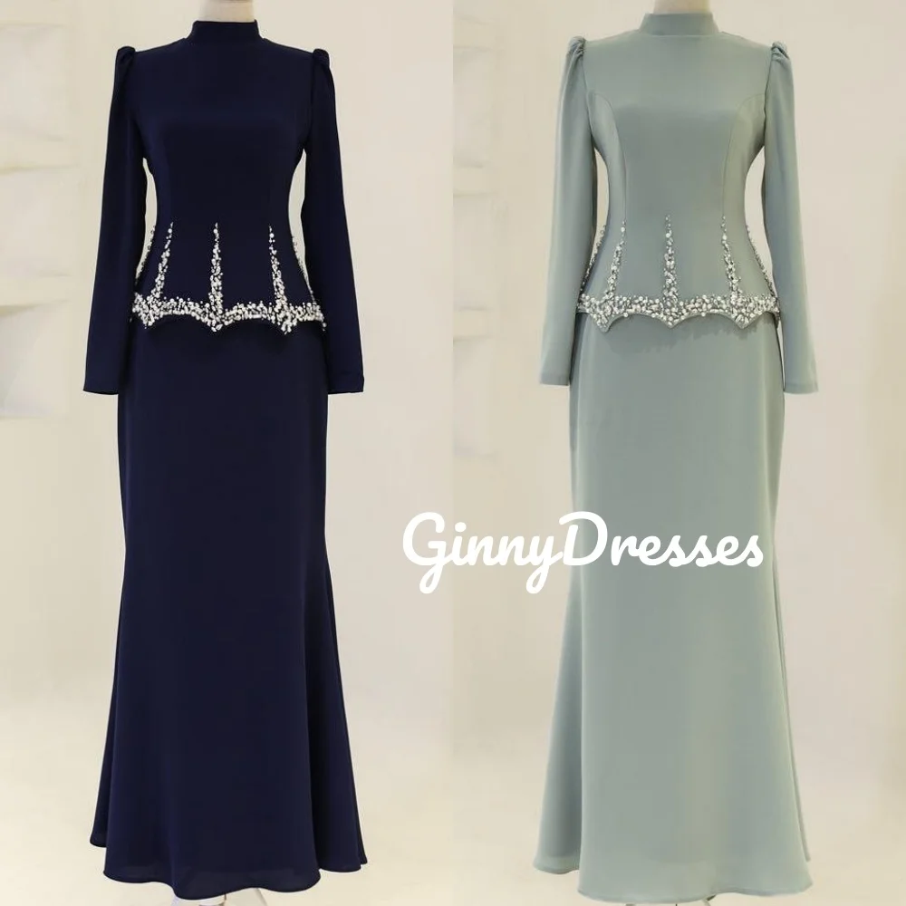 

Customize Formal Dresses Mermaid Scoop Neckline Luxury Evening Dresses Floor-Length Zipper Up Vestidos De Fiesta Long Sleeves