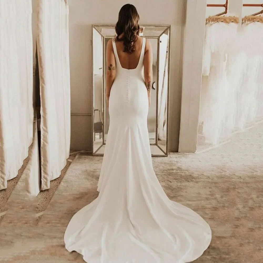 Flavinke Simple Spaghetti Strap Mermaid Wedding Dresses Women Square Neck Backless Bridal Gowns Soft Stain Robe De Soirée 2025