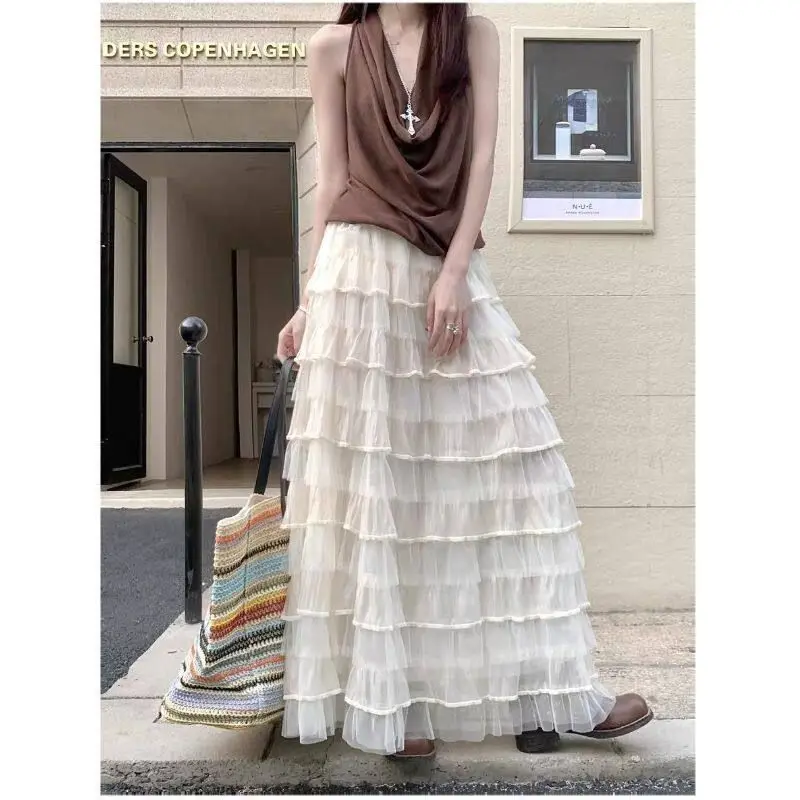 Casual High Waist Loose Cake Skirt Half Length for Women in Apricot Color Spring Summer New Style Age Reducing Elegant