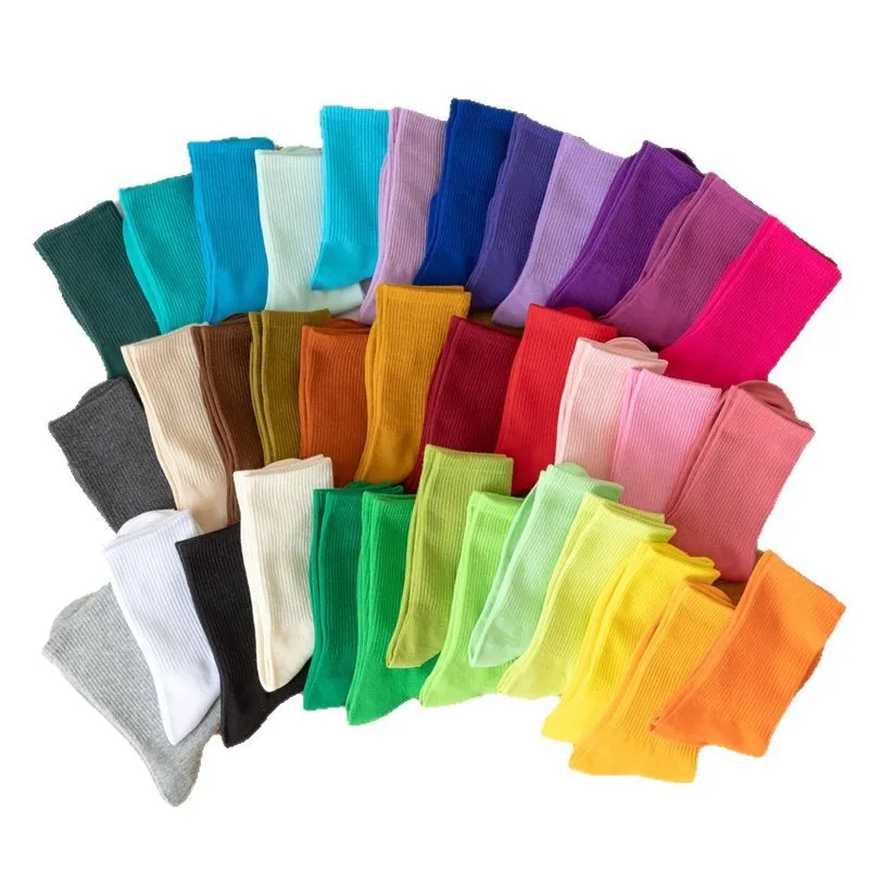 Kaos Kaki Wanita Katun Longgar Musim Gugur Musim Dingin Rajutan Warna Solid Panjang Hitam Pink Korea Jepang Pelajar Perempuan