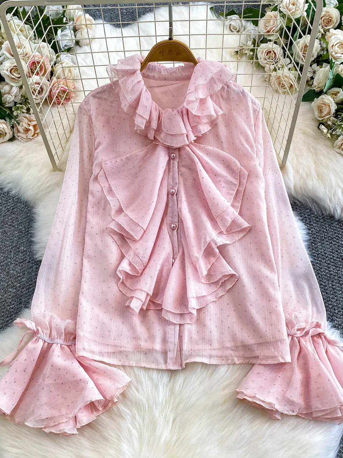 

Sweet Polka Dot Ruffle Sleeve Shirt Women's Casual Single Button Spring Autumn Fashionable Versatile Youthful Top