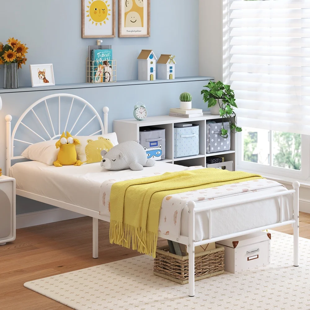 Twin Metal Bed Frame with Sun Curve Headboard Heavy Duty Steel Platform Kids Teens Under Bed Storage Easy Assembly