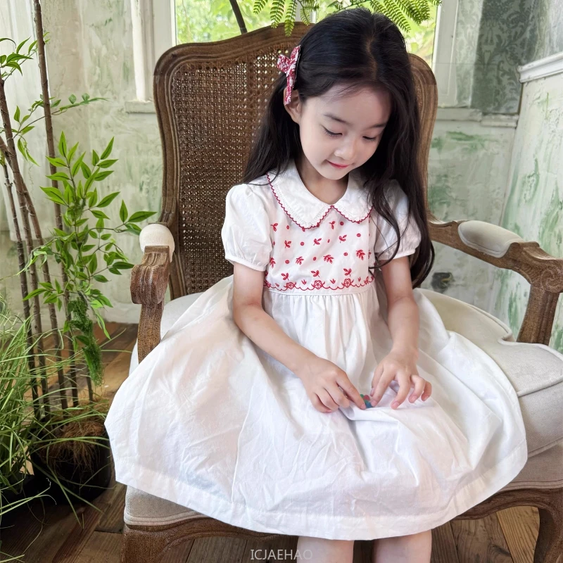 

2025 Children White Girls Short Sleeve Peter Pan Dress Simple Casual Dresses Clothes High Waist Red Embroidery Vintage Costume