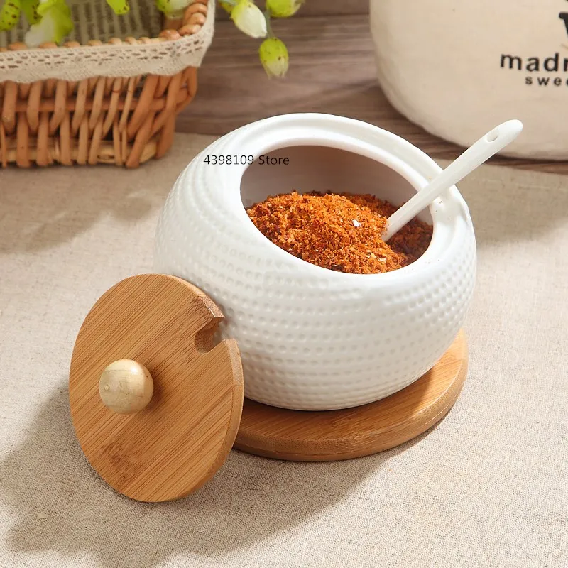 

Ceramic Seasoning Jar with Lid Sugar Bowl Kitchen Storage Container Household Seasoning Box Storage Jar Wooden Tray 500ML