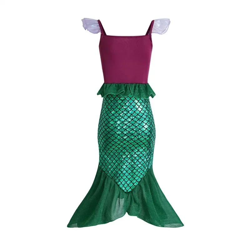 فستان ذيل حورية البحر من 3 إلى 12 سنة، زي الأميرة اللامع مع قلادة محيطية مجانية، ملابس أداء للحفلات لعيد الميلاد والهالوين