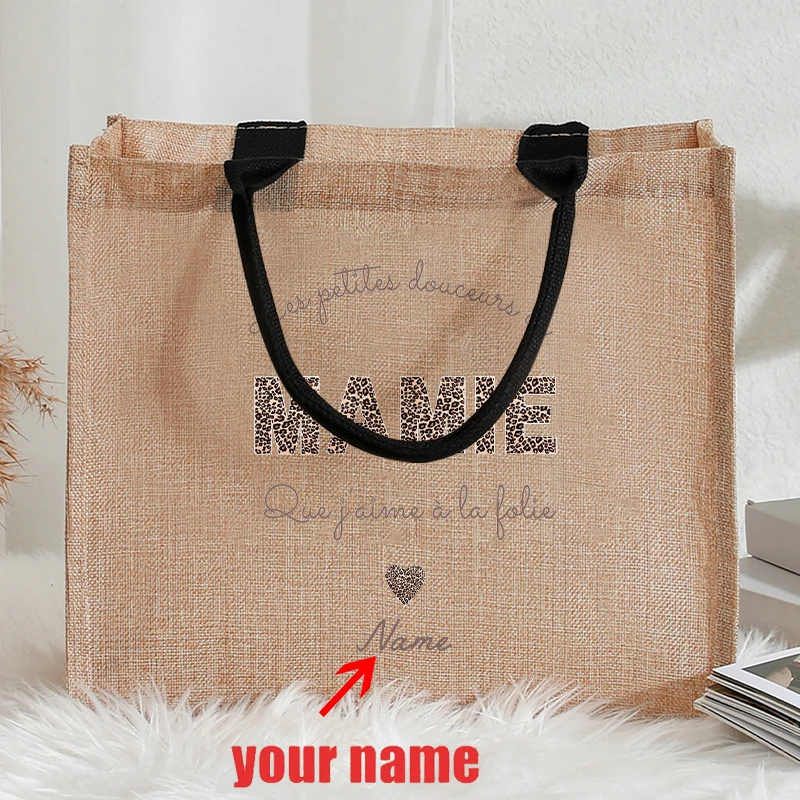 

Персонализированные с именем и цветочным принтом в стиле бохо, леопардовым принтом, мами, сердцем и бантом, джутовая сумка-тоут, сумки для покупок, подарки на День матери для мамы и дочки