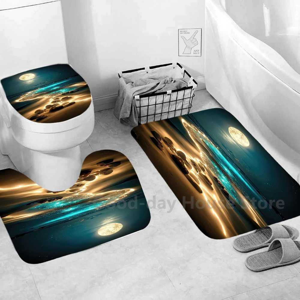 Moon Aurora Beach Printed Shower Curtain Set, Waterproof Shower Curtain With Hooks, Non-Slip Bathroom Rug, Toilet U-Shape Mat