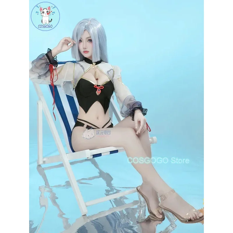 COSGOGO 게임 Genshin Impact Shenhe 코스프레 의상 Shen He 비키니 세트 섹시한 바디 슈트 할로윈 스플릿 수영복 Womena;2'k,8;c'